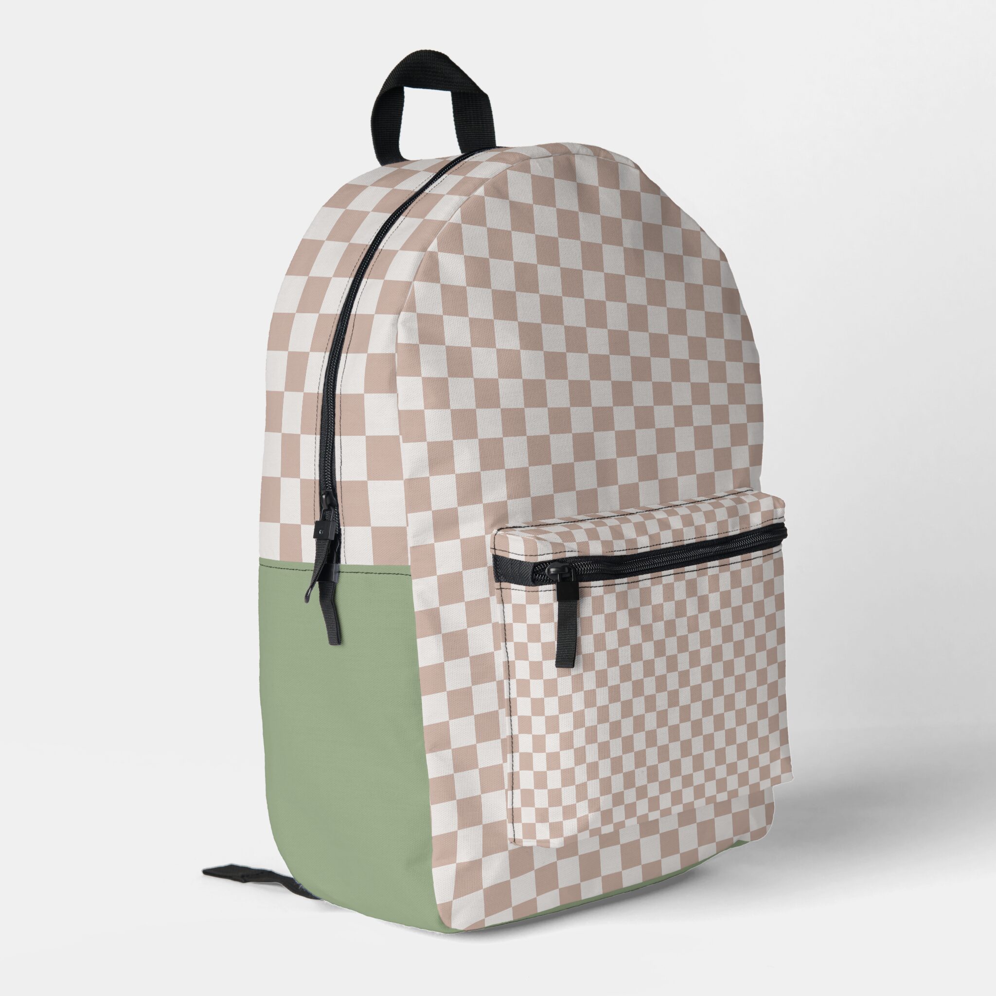 Bags & Accessories - Pink Dramatic personalized gifts for you Beige Checkerboard Backpack with Sage Green (Back Corner Left)-pink gifts-pink backpacks- green schoolbags- custom backpacks- Pink bags