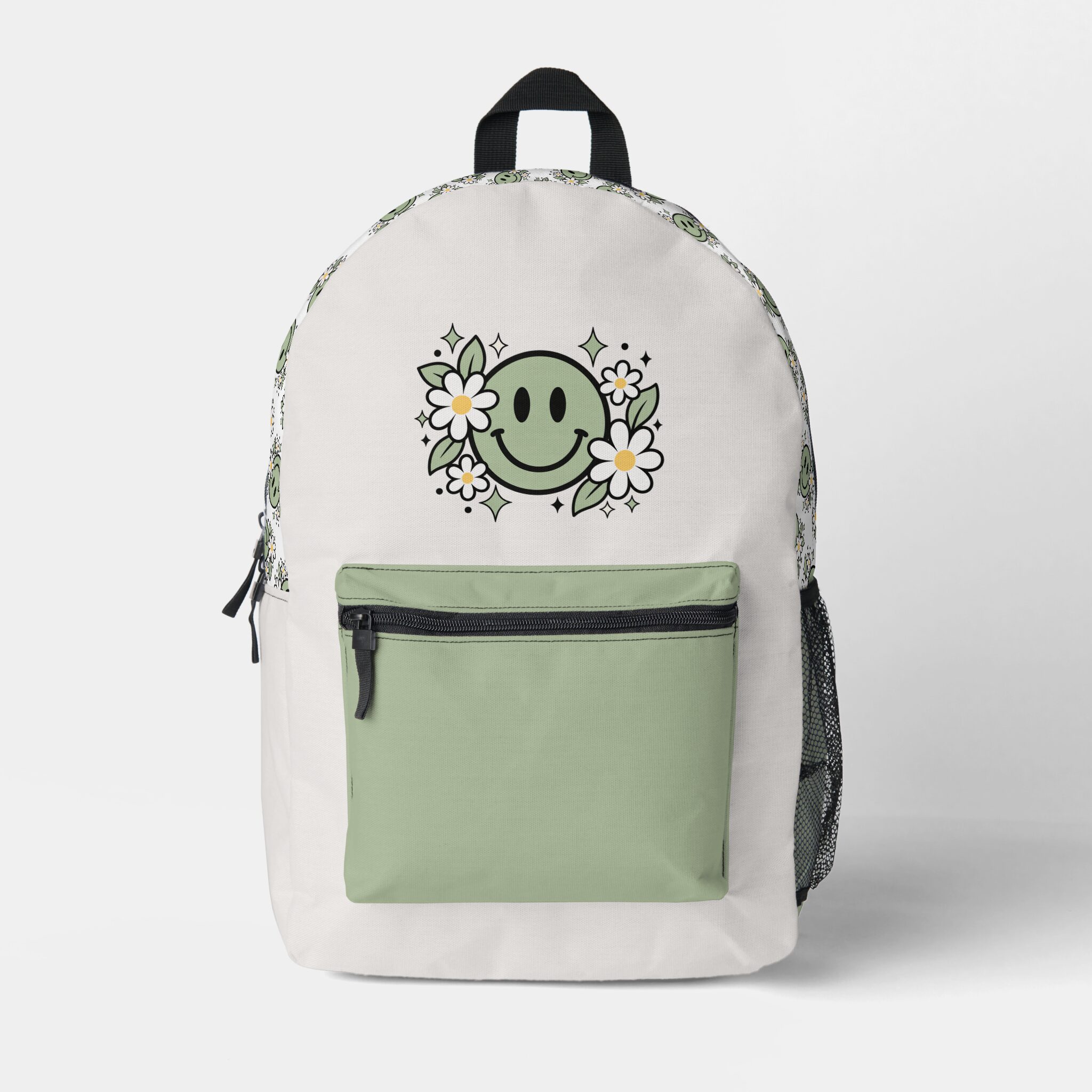 Bags & Accessories - Pink Dramatic personalized gifts for you Sage Green Smiley Face Flowers Retro Backpack-pink gifts-pink backpacks-green schoolbags- smiley bags- Pink bags