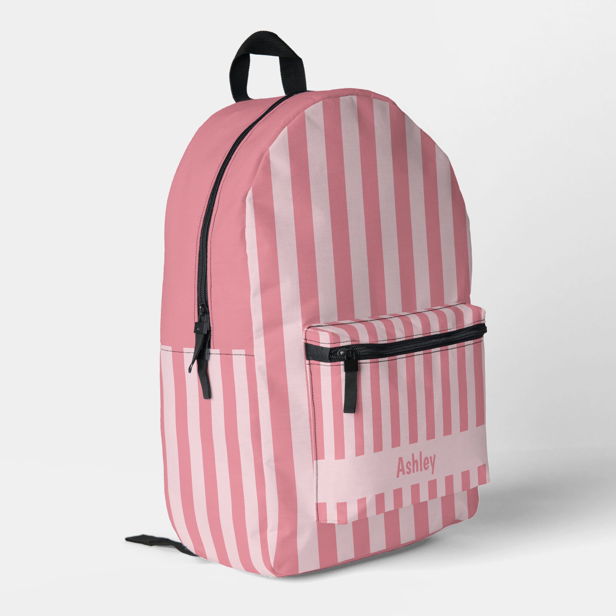 Light Pink Striped Kawaii style Backpack - Pink Dramatic personalized gifts for you Personalized Name Light Pink Striped Kawaii Style Backpack with custom name panel, pink vertical stripes, black straps and side mesh pocket.-pink customizable backpack-pink dramatic backpack