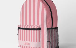 Personalized Name Light Pink Striped Kawaii Style Backpack with custom name panel, pink vertical stripes, black straps and side mesh pocket.-pink customizable backpack-pink dramatic backpack
