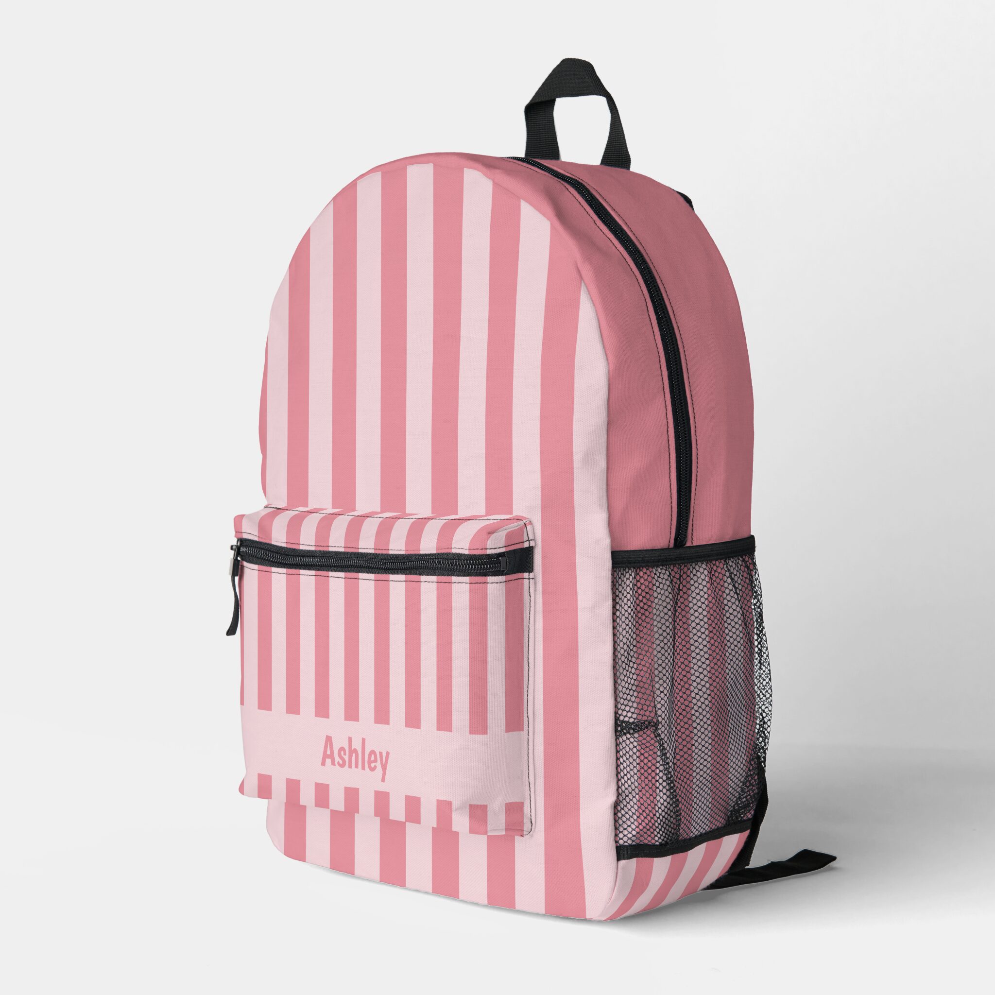 Personalized Name Light Pink Striped Kawaii Style Backpack with custom name panel, pink vertical stripes, black straps and side mesh pocket.-pink customizable backpack-pink dramatic backpack