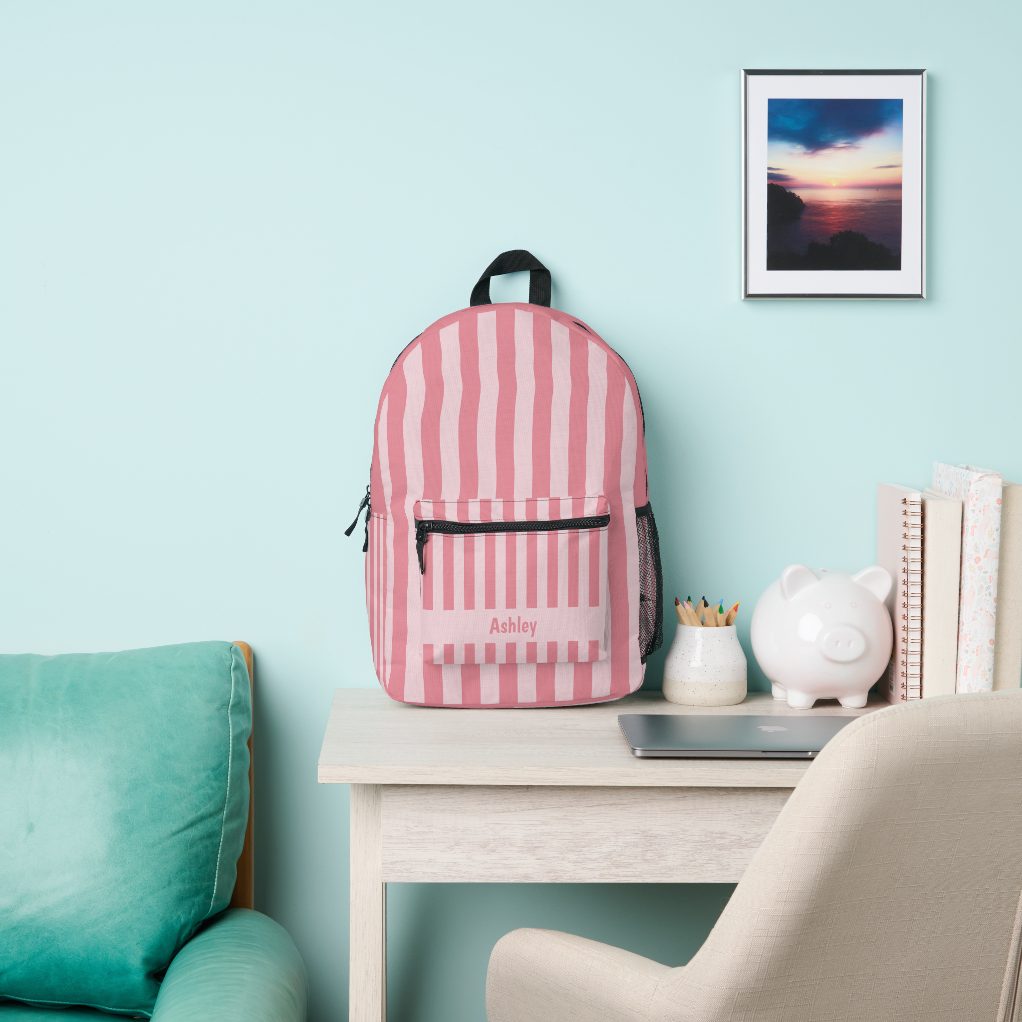 Personalized Name Light Pink Striped Kawaii Style Backpack with custom name panel, pink vertical stripes, black straps and side mesh pocket.-pink backpack-pink customizable backpack-pink dramatic backpack