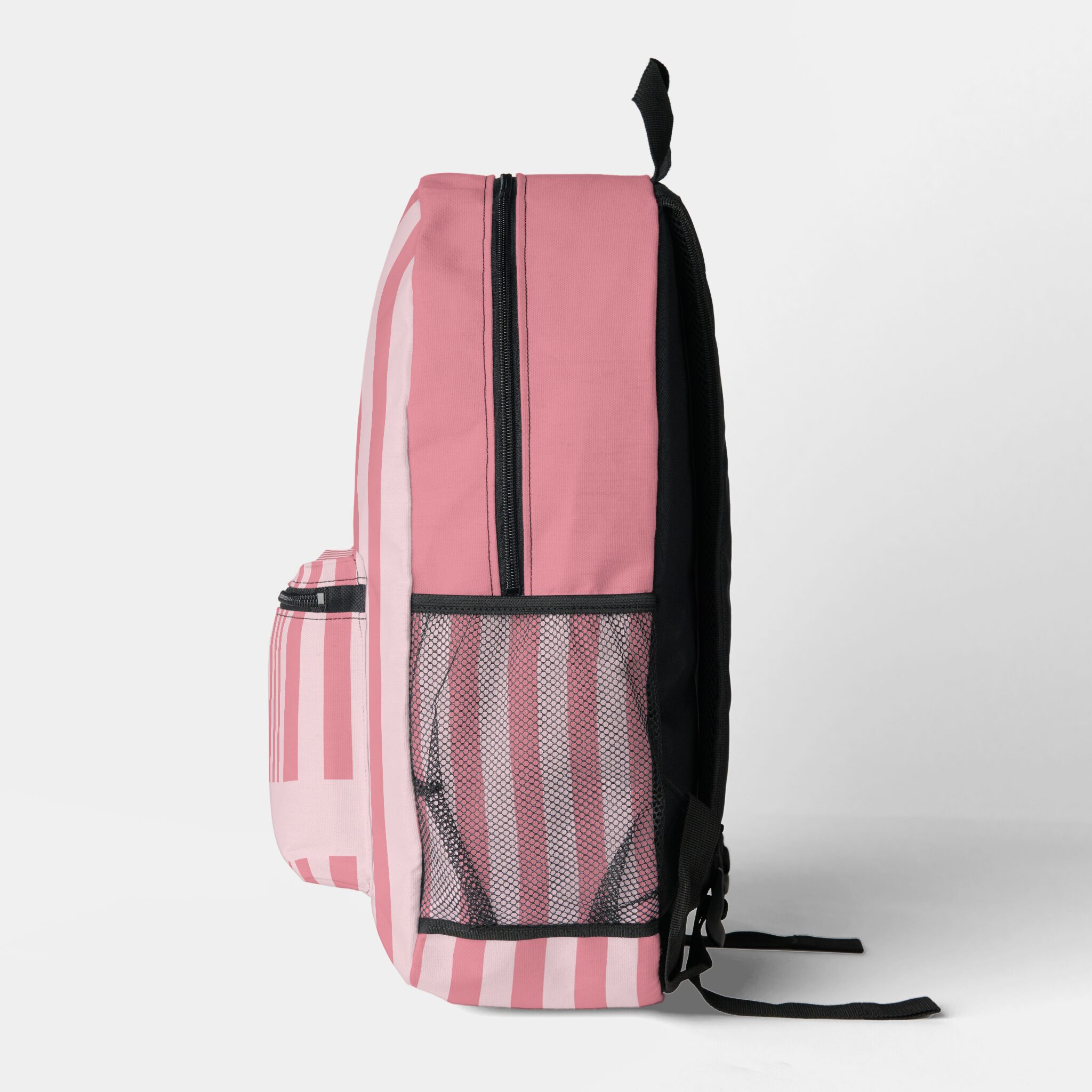 Light Pink Striped Kawaii style Backpack - Pink Dramatic personalized gifts for you Personalized Name Light Pink Striped Kawaii Style Backpack with custom name panel, pink vertical stripes, black straps and side mesh pocket.-pink backpack-pink customizable backpack