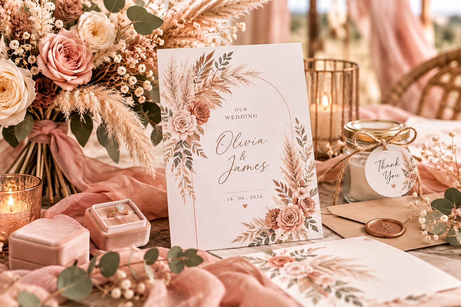personalized custom boho wedding invitations, personalized wedding stationery and boho wedding decor-pink dramatic wedding-pinkdramatic.com