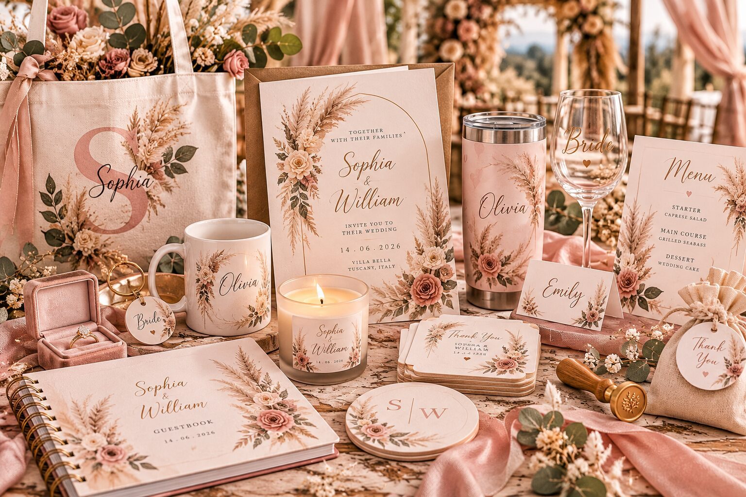 Shop personalized classic romantic wedding gifts and accessories including custom invitations, tote bags, mugs, tumblers, wine glasses, guest books, candles, menus, place cards and wedding favors.-pink dramatic wedding