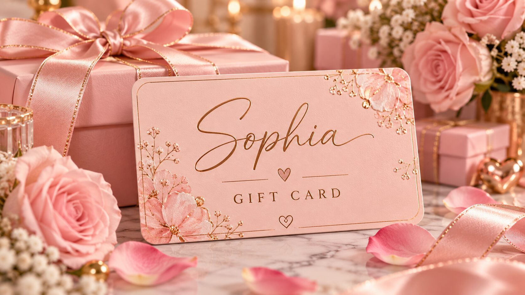 Pink gift card - Pink Dramatic personalized gifts for you Personalized pink gift card with the name or photo, elegant floral details, gold accents, pink roses, ribbons, and wrapped gifts.