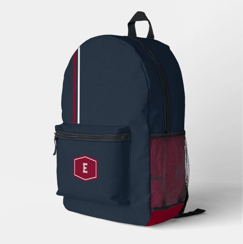 University Style Monogram Navy Blue Backpack - Pink Dramatic personalized gifts for you pink dramatic Navy red university backpack backcorner right-blue school backpack-pink dramatic backpack