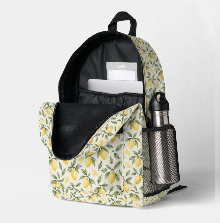 watercolor ctitrus backpack-pink dramatic-school watercolor lemon backpack